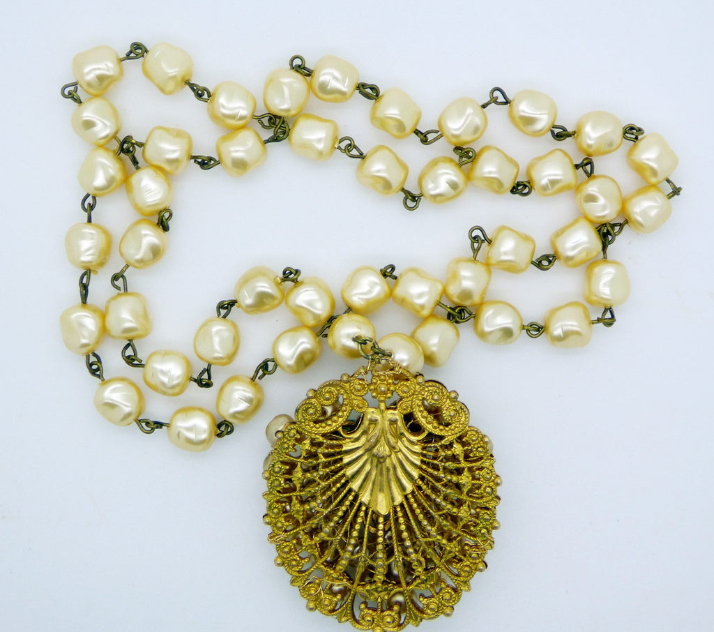 Early Miriam Haskell Baroque Glass Pearl Filigree Pendant Necklace - Vintage Lane Jewelry