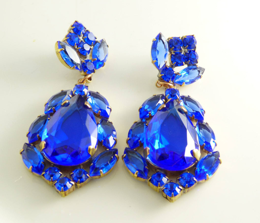 Blue Czech Glass Huge Dangling Pierced Style Earrings - Vintage Lane Jewelry
