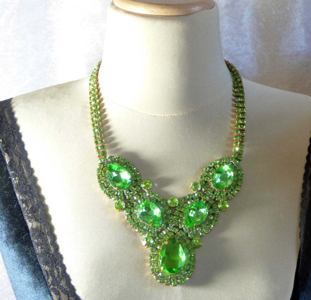 Bright Green Czech Glass Rhinestone Statement Necklace and Matching Clip Earrings - Vintage Lane Jewelry