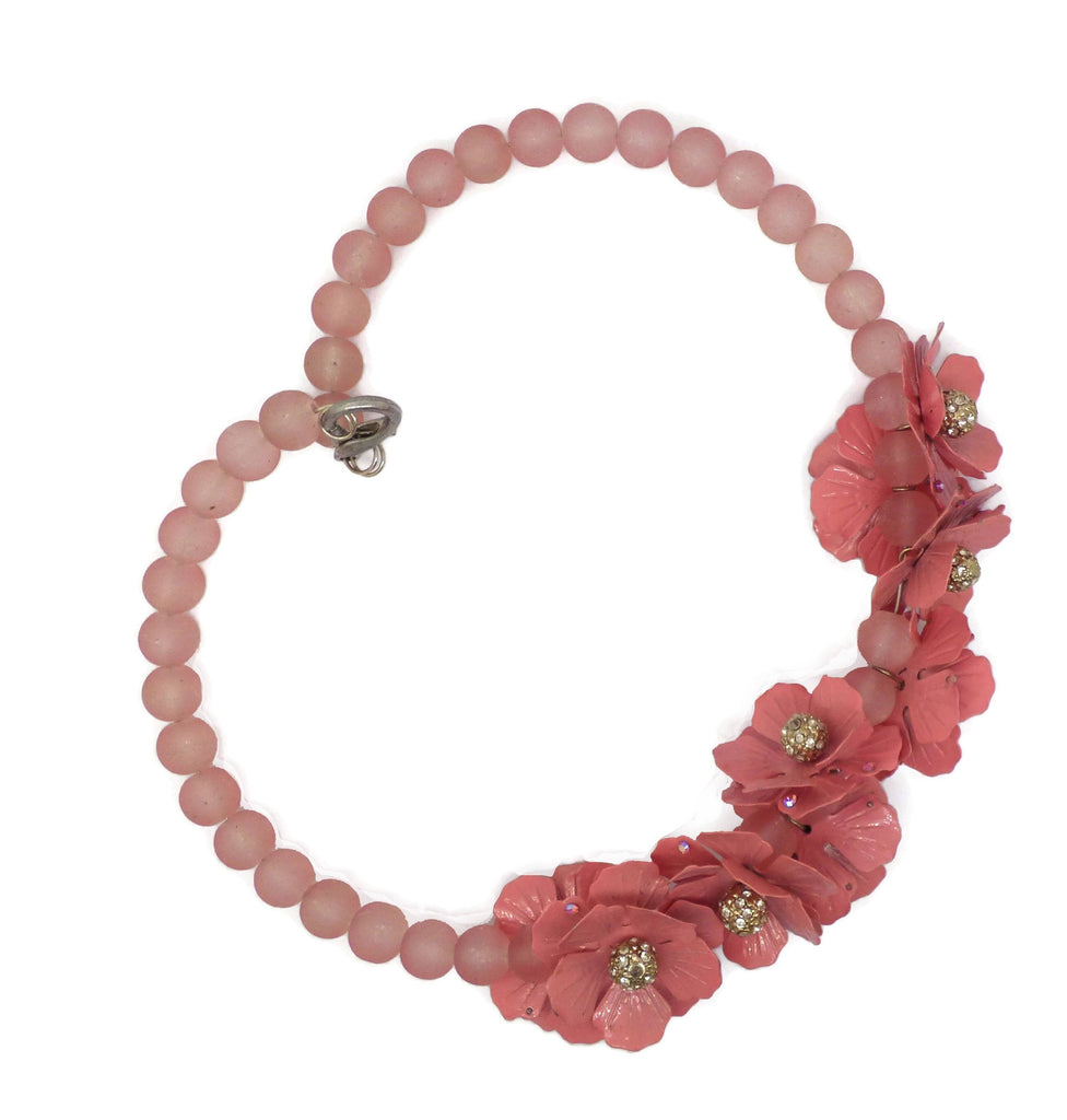 Metal Magnolia Flowers Glass Beaded Necklace - Vintage Lane Jewelry
