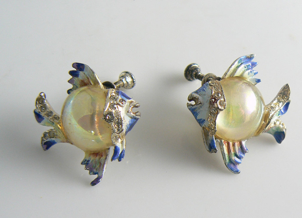 Cute Coro Lucite Enamel Rhinestone Fish Earrings