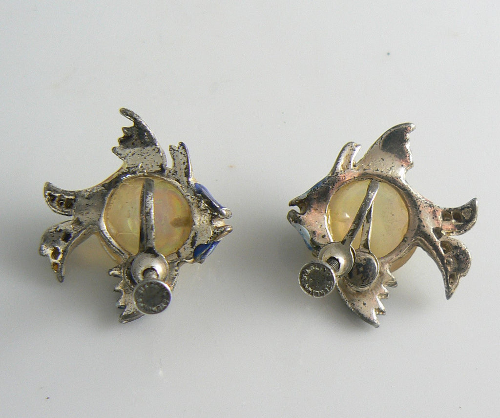 Cute Coro Lucite Enamel Rhinestone Fish Earrings - Vintage Lane Jewelry