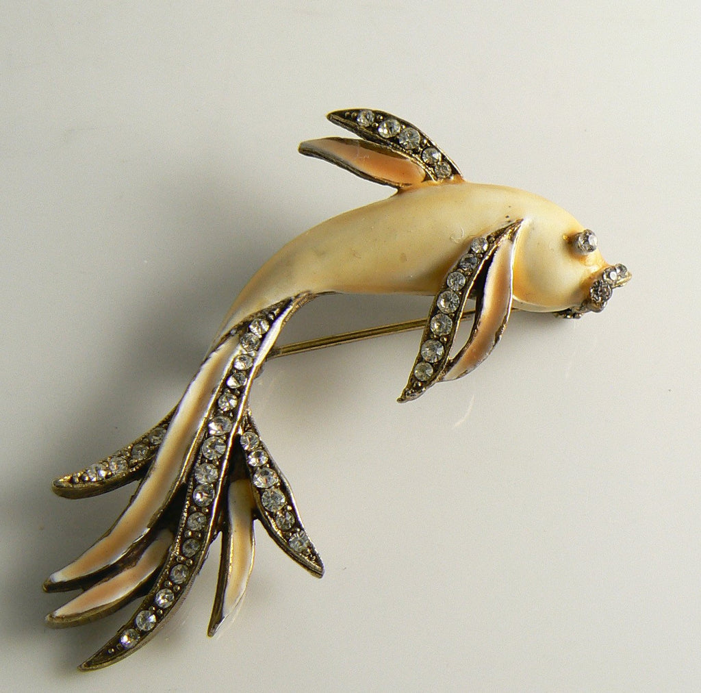 Vintage Schrager Cream Enamel & Rhinestone Fish Pin Brooch