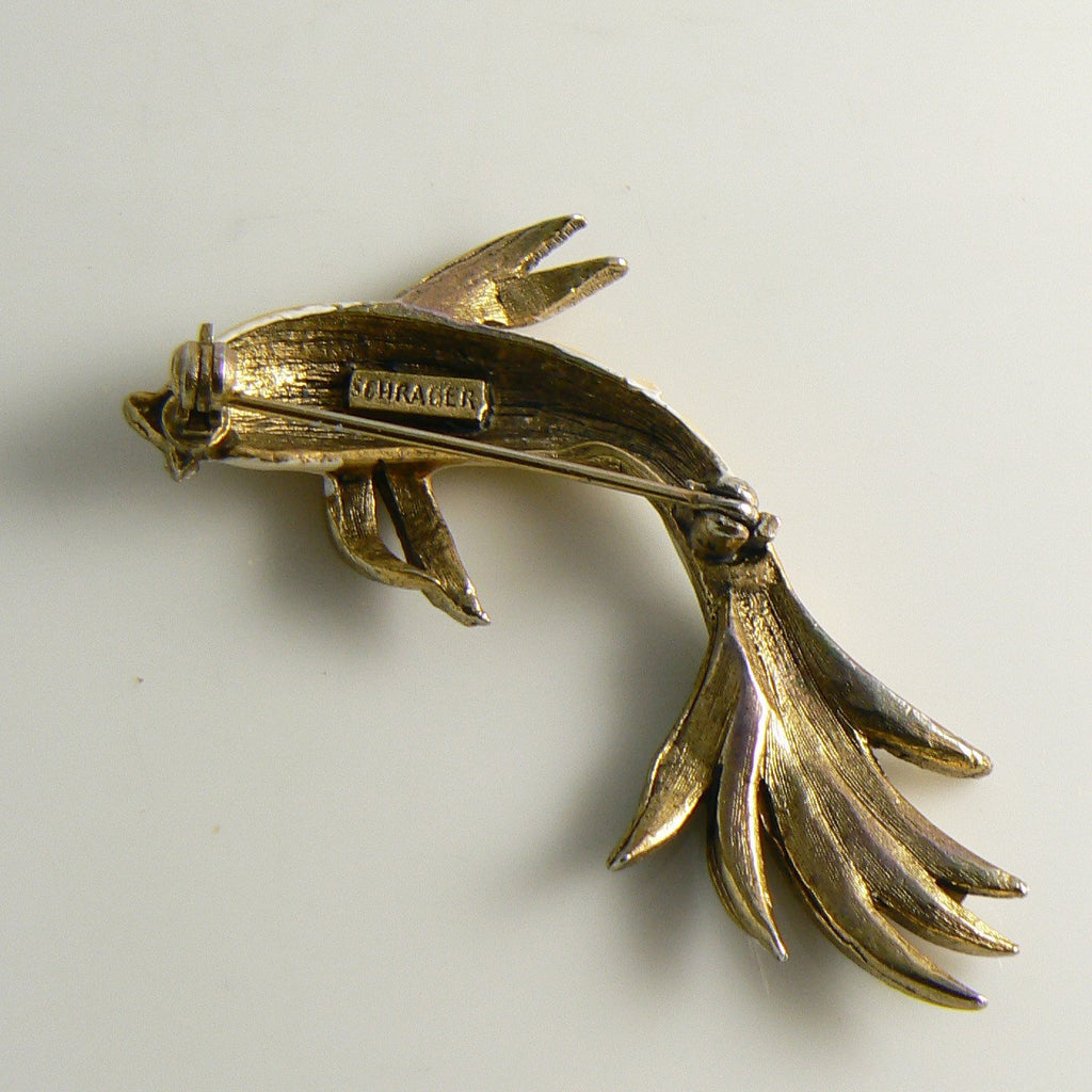 Vintage Schrager Cream Enamel & Rhinestone Fish Pin Brooch - Vintage Lane Jewelry