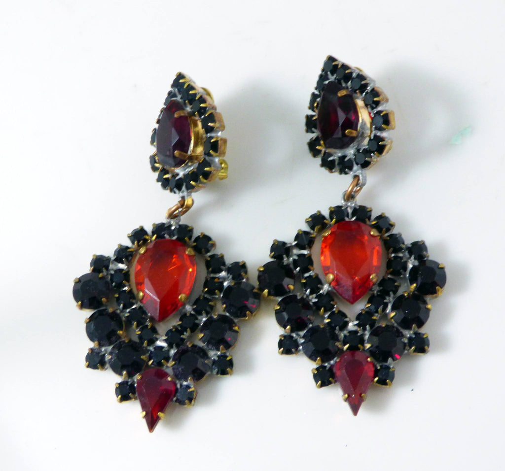 Black and Red Czech Glass Clip Earrings