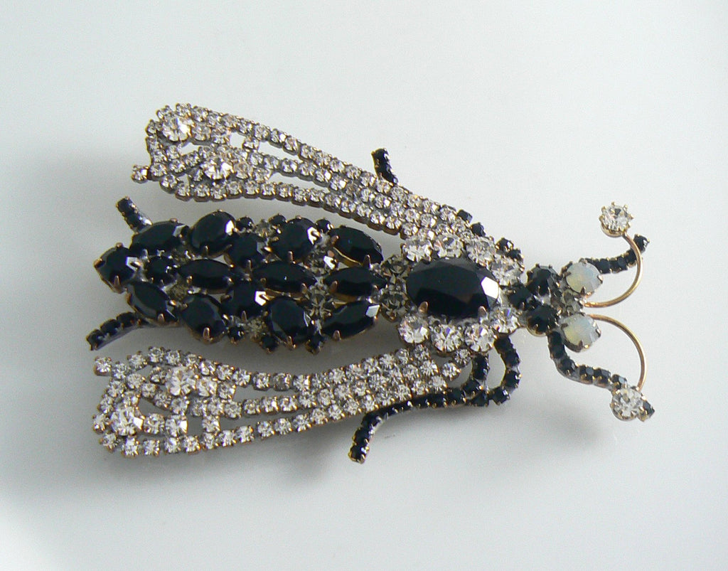 Large Black And Clear Czech Rhinestone Fly Brooch