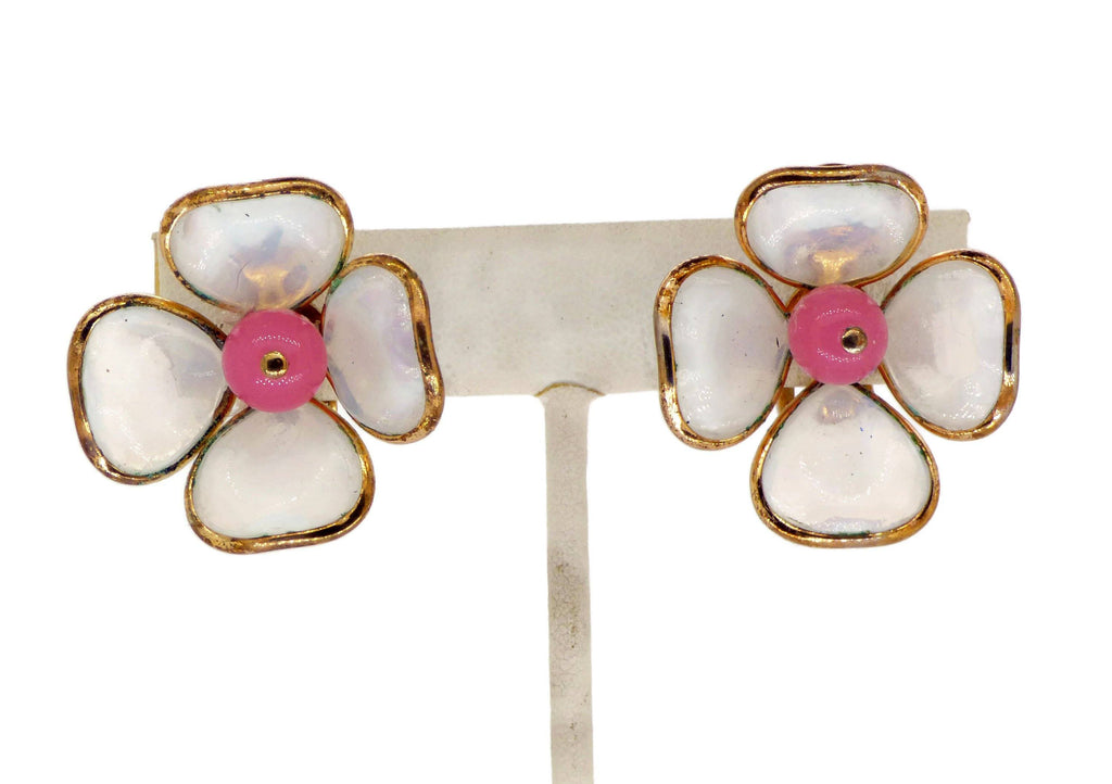 Vintage Crown Trifari Poured Glass Flower Clip Earrings - Vintage Lane Jewelry