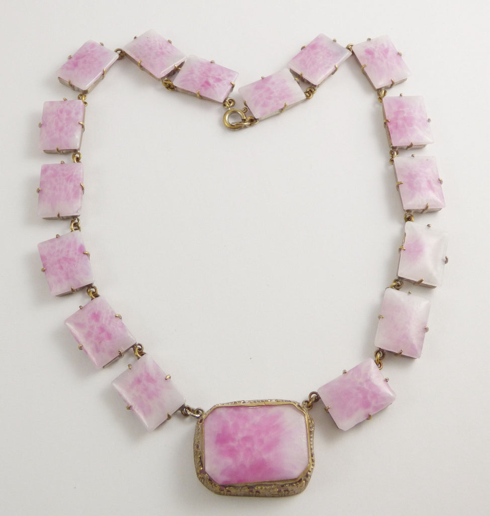 Vintage Art Deco Signed Czech Glass Rose Quartz Pink Pendant Necklace