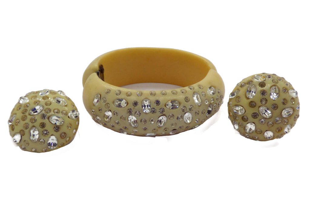 Weiss signed thermoset vanilla rhinestone clamper bracelet and earrings