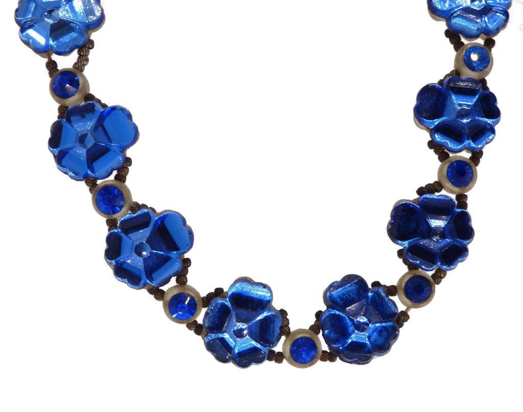 Blue Poured Glass Rhinestone Flower Necklace