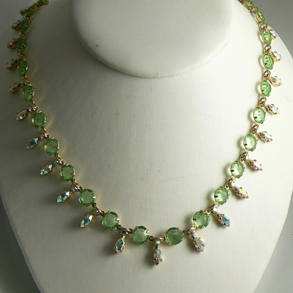 Stunning Art Deco Open Back Green Citrine Glass & AB Rhinestone Necklace