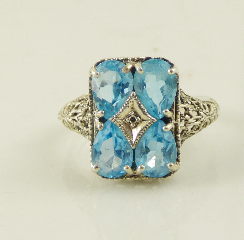 Blue Topaz Victorian Revival Sterling Silver Ring, Art Deco