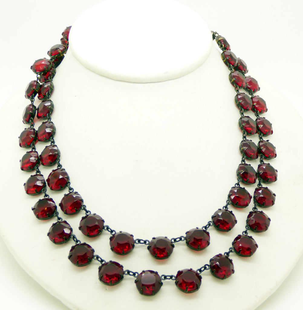 Art Deco 2 Strand Ruby Red Round Cut Crystal Open Back Necklace