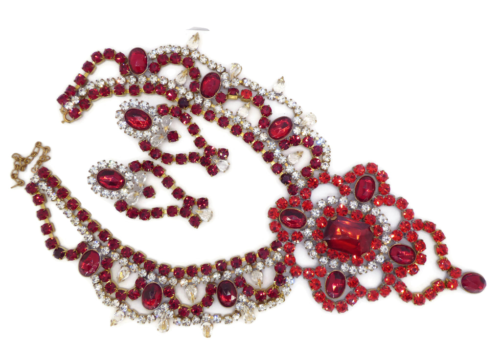 Red Rhinestone Czech Glass Bijoux MG Necklace and Earrings