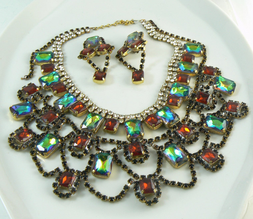 Amber, Red and Watermelon Heliotrope Czech Glass Rhinestone Necklace and Clip Earring Set, Bijoux MG