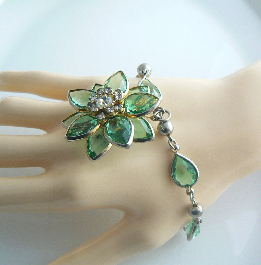 Kramer of New York Green Glass Rhinestone Flower Parure - Vintage Lane Jewelry