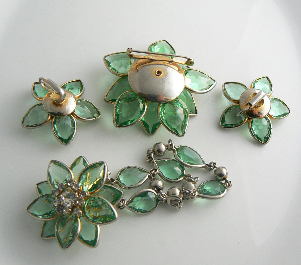 Kramer of New York Green Glass Rhinestone Flower Parure - Vintage Lane Jewelry
