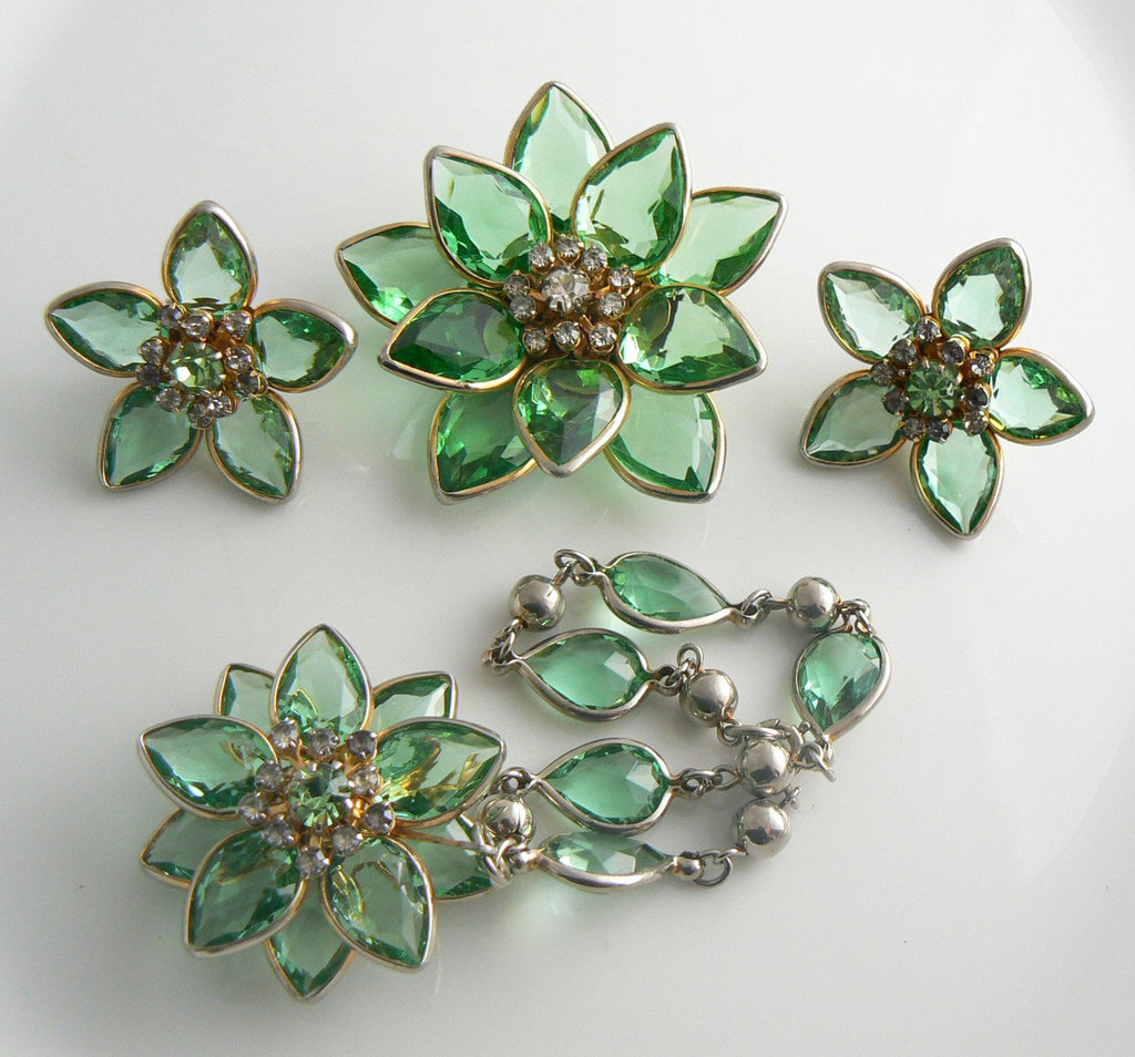 Kramer of New York Green Glass Rhinestone Flower Parure