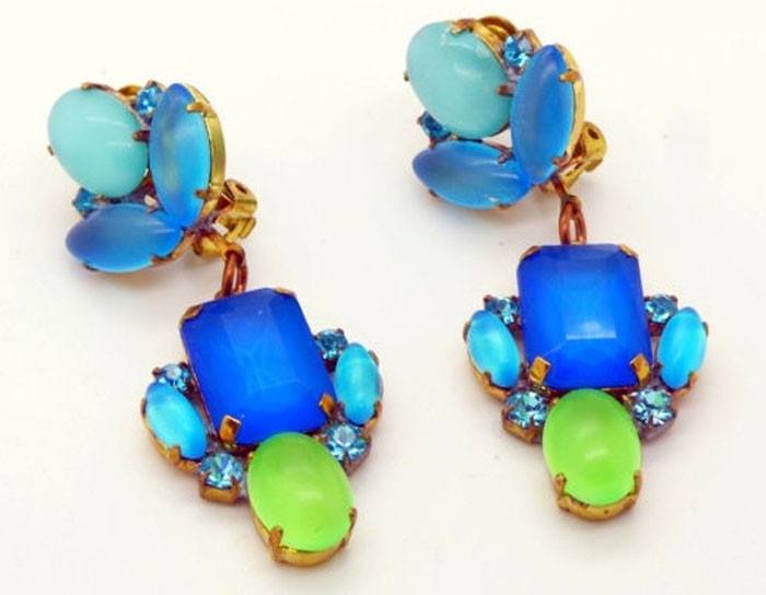 Czech Blue and Green Neon Clip Earrings