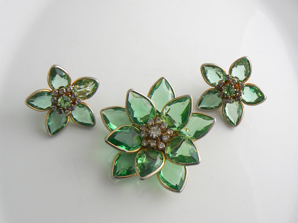 Kramer of New York Green Glass Rhinestone Flower Parure - Vintage Lane Jewelry