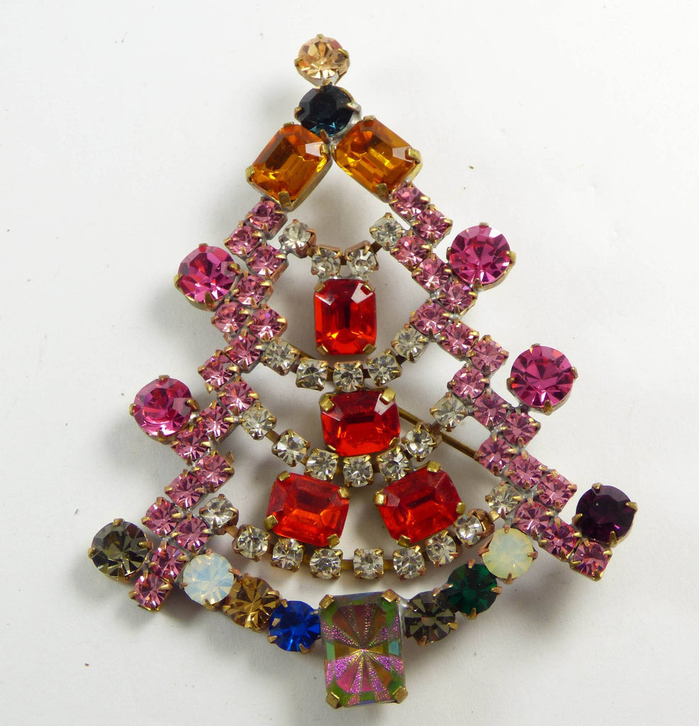 Bijoux M.G. Czech Rhinestone Colorful Christmas Tree Brooch, Xmas Pin, Holiday