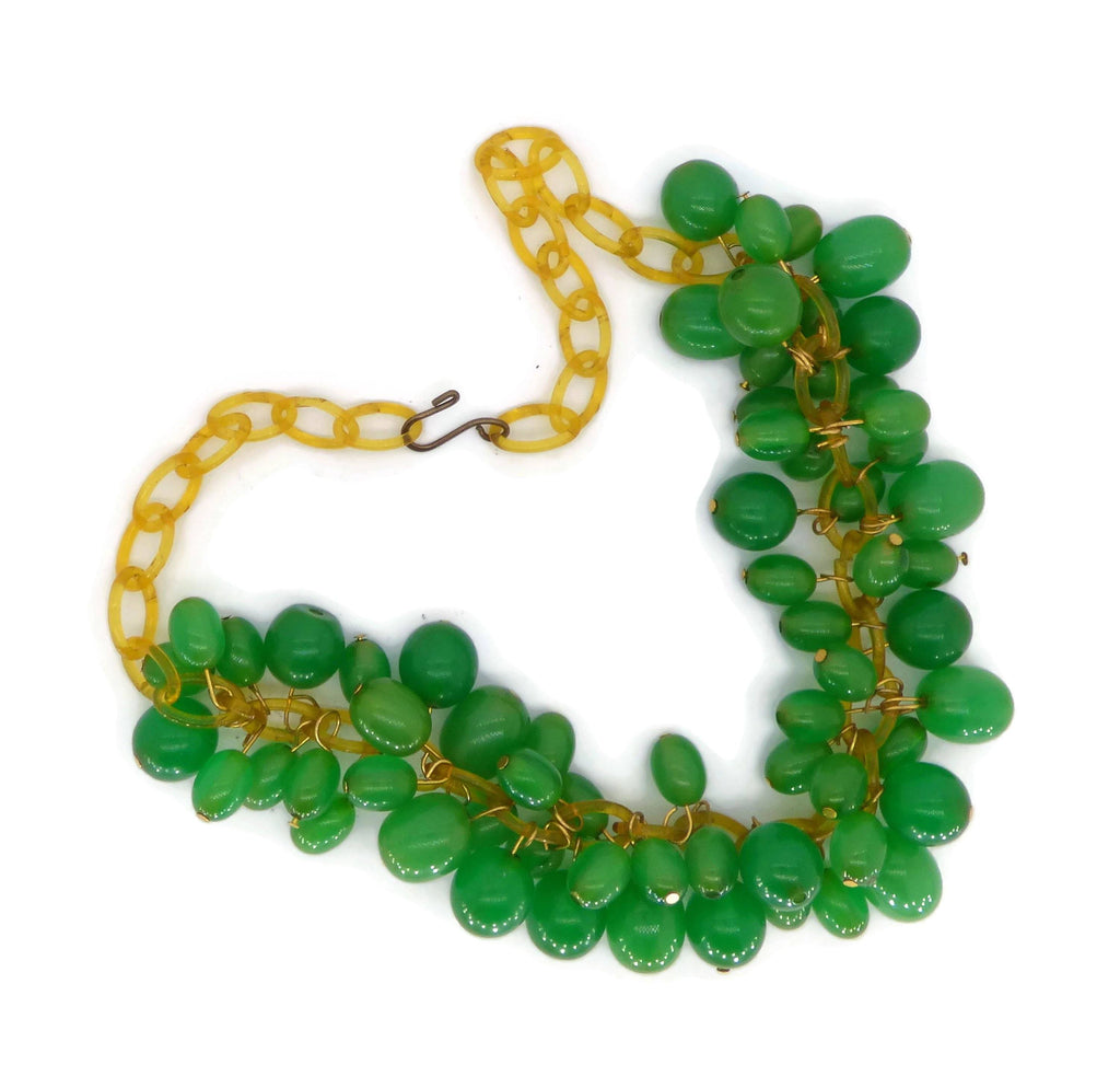 Vintage Green Bakelite Beads Gold Celluloid Chain Necklace