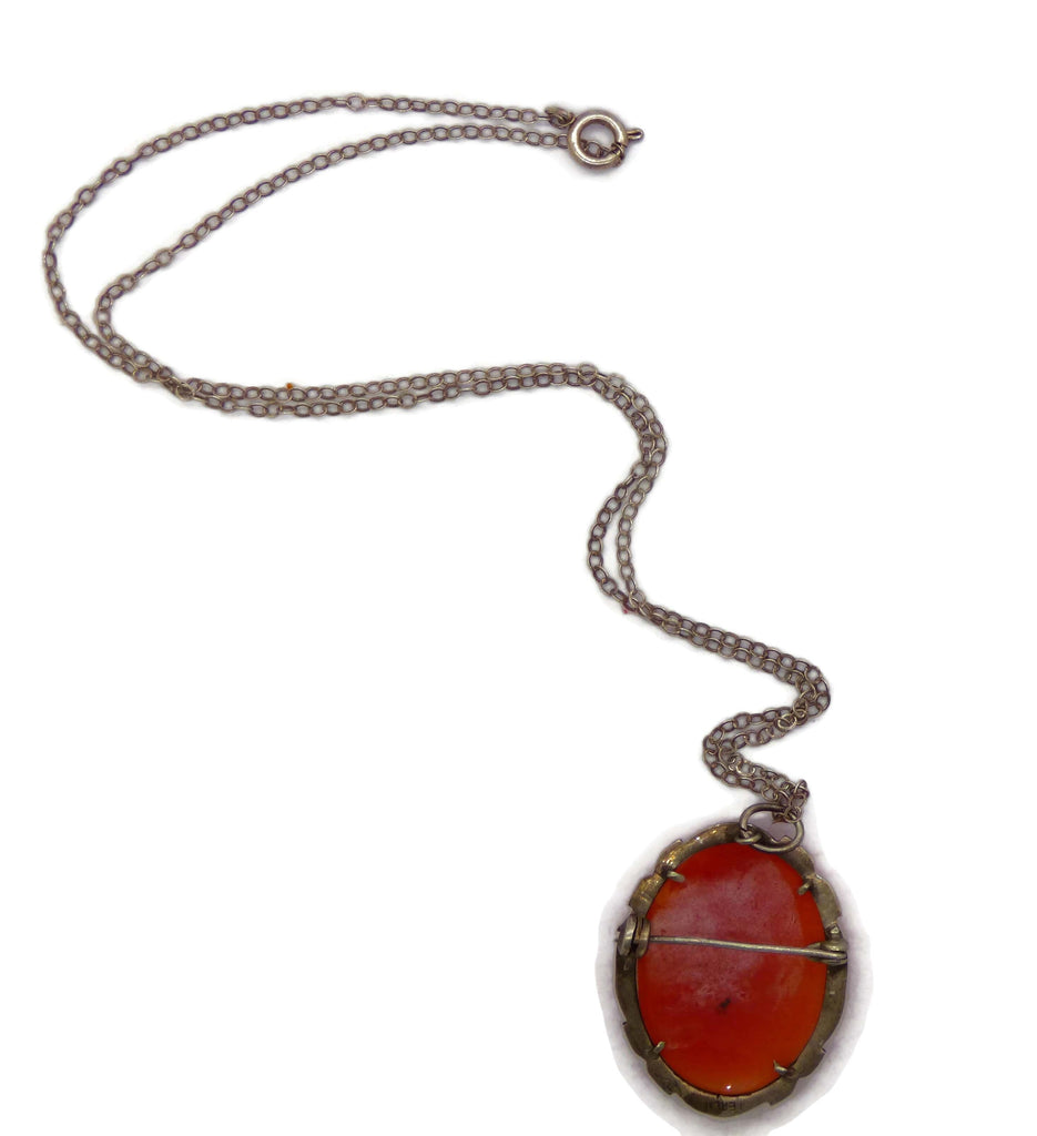 Art Deco Shell Cameo Sterling Brooch Necklace - Vintage Lane Jewelry