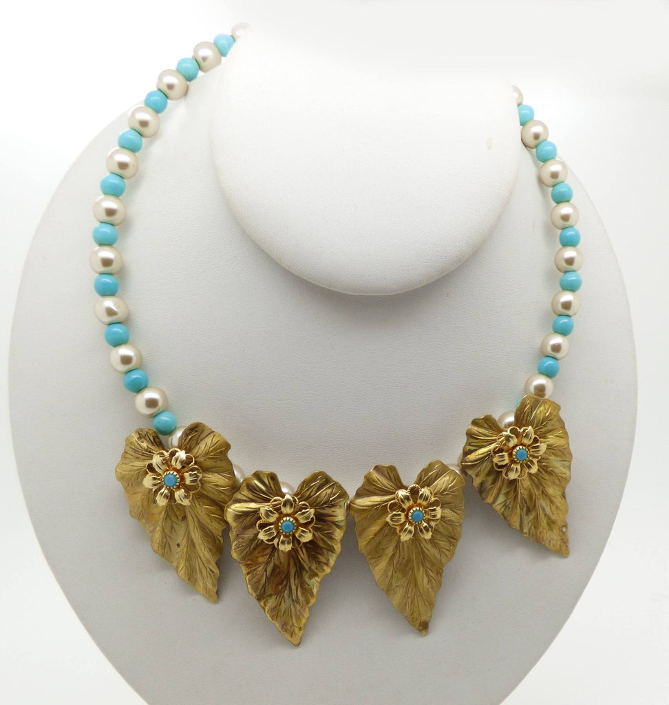 Vintage Miriam Haskell Brass Leaf, Glass Pearl Beaded Choker Necklace - Vintage Lane Jewelry