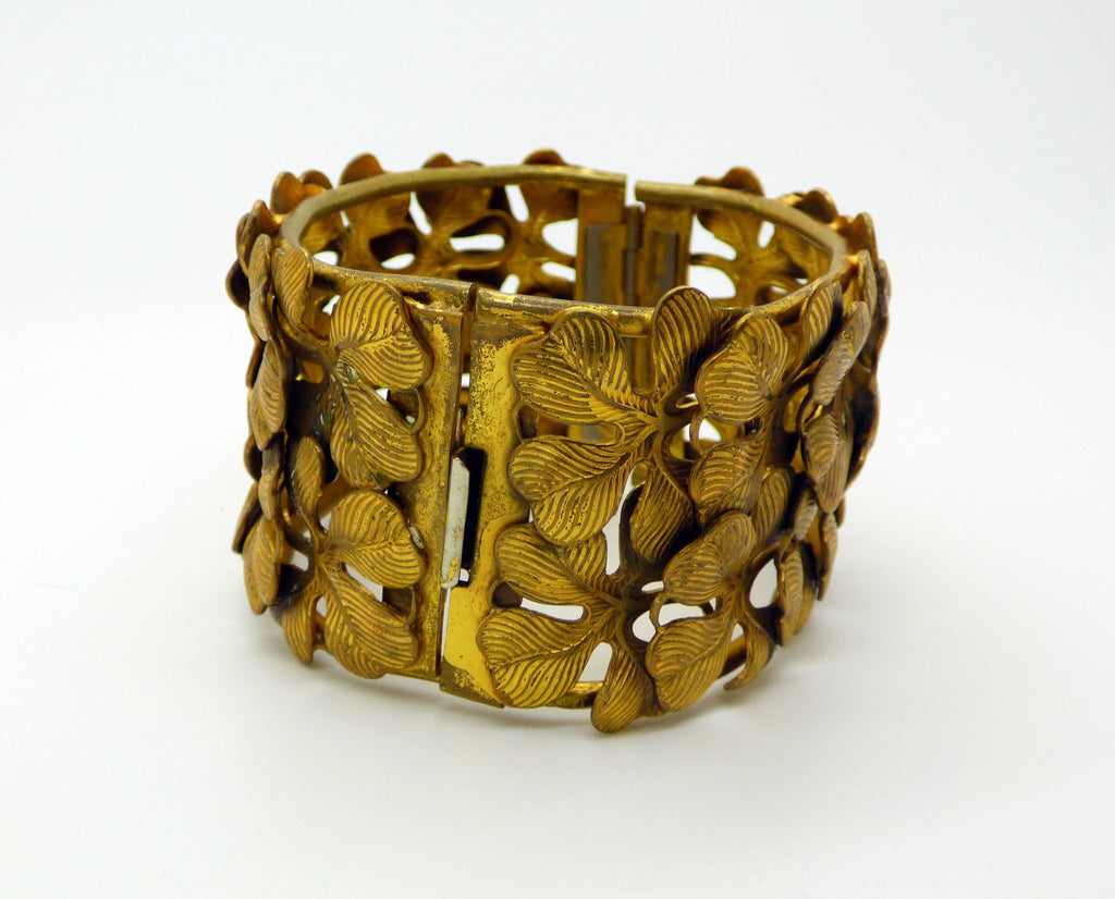 Four Leaf Clover Wide Hinged Bracelet, Brushed Gold Tone - Vintage Lane Jewelry