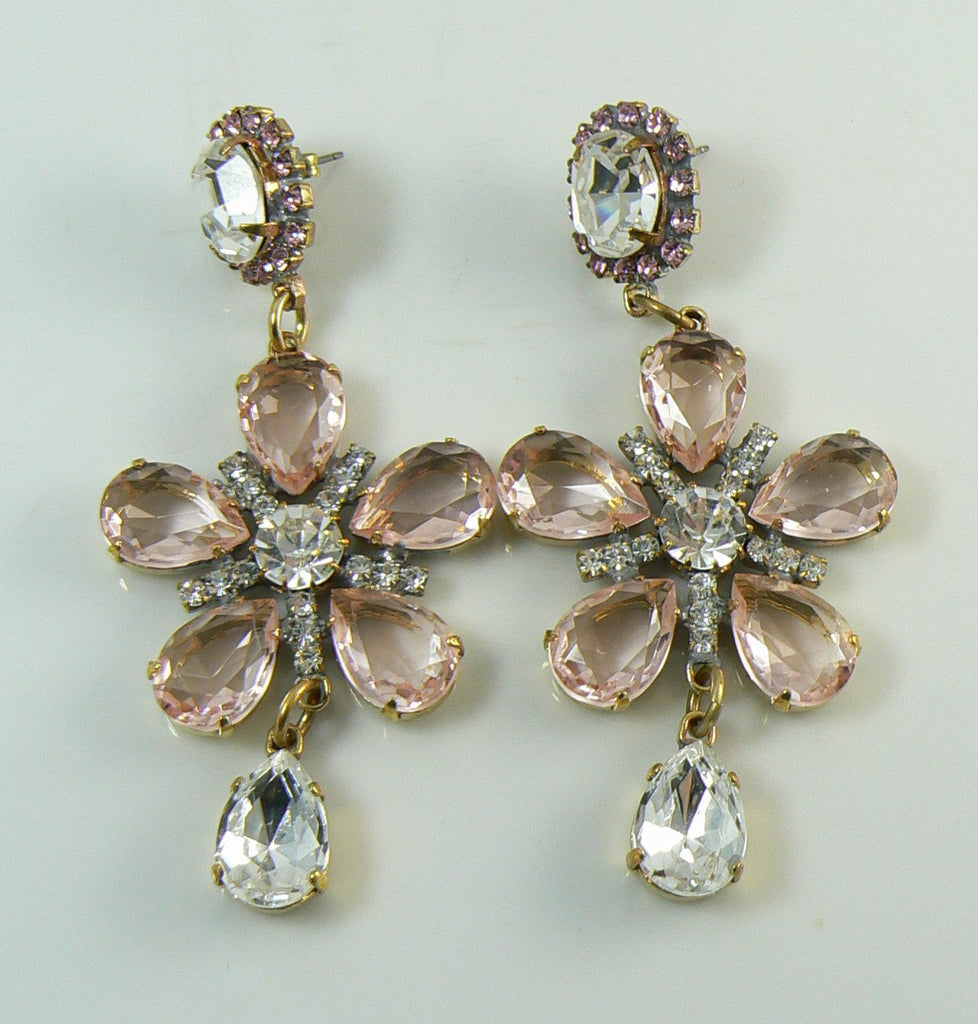 Pale Pink Flower Dangle Czech Glass Pierced Style Earrings