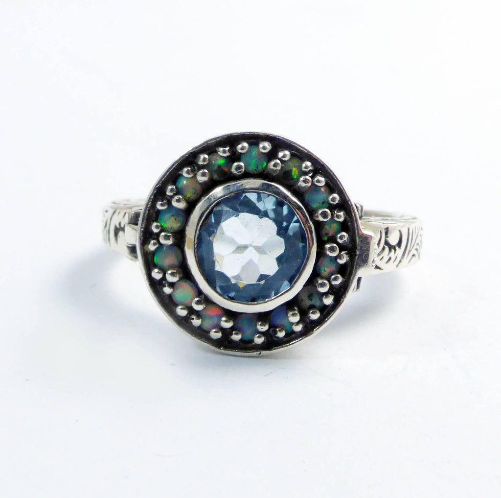 Natural Aquamarine and Opal Sterling Silver Poison Pill Box Ring