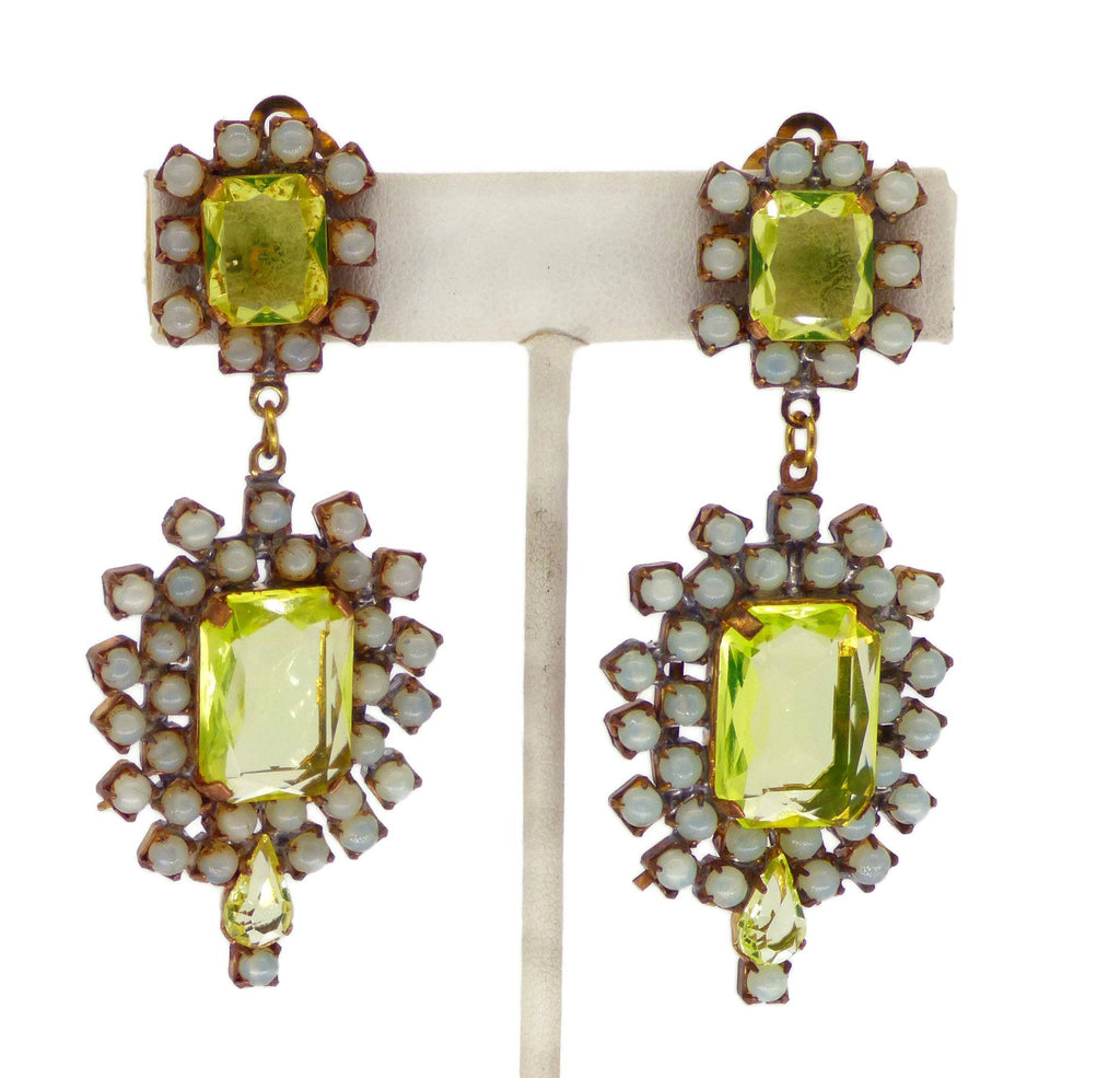 Vaseline Uranium Czech Glass Dangling Clip Earrings