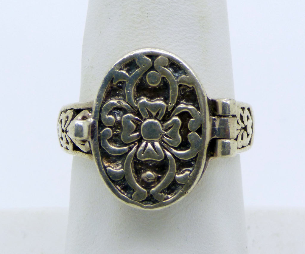 Sterling Silver Flower Design Poison, Suicide, Pill Box Ring, Size 8