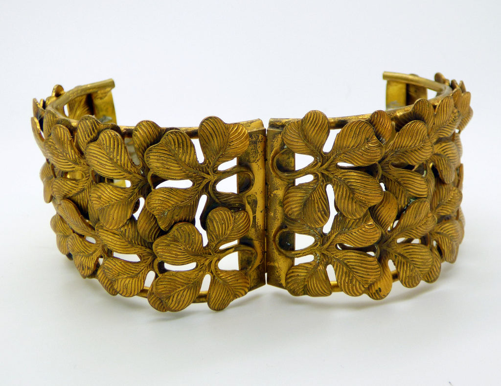 Four Leaf Clover Wide Hinged Bracelet, Brushed Gold Tone - Vintage Lane Jewelry