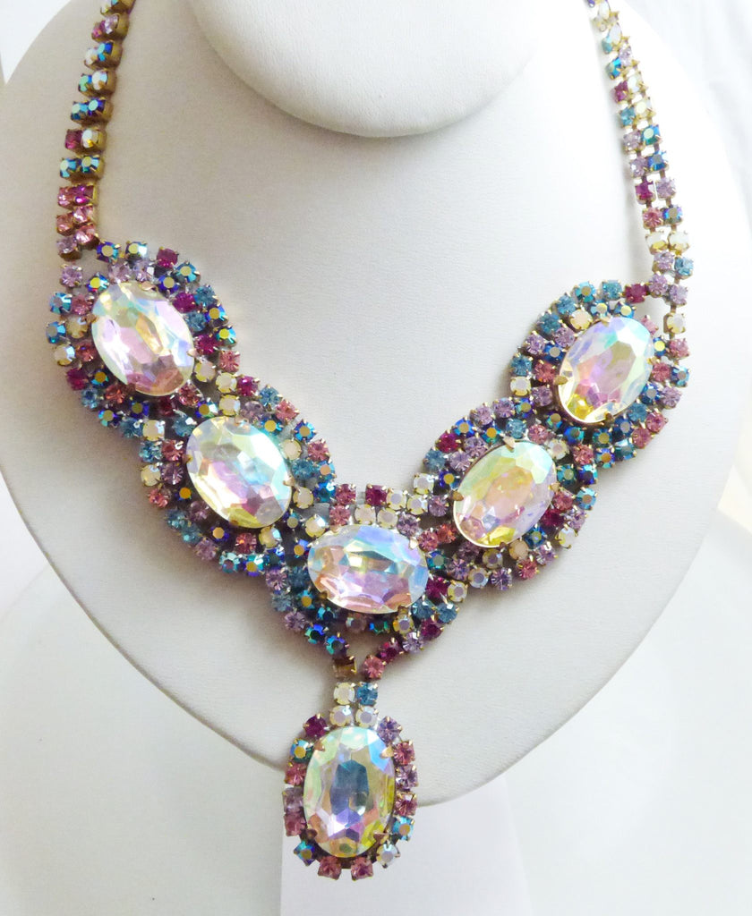 Czech Glass Multicolored Pastel Rhinestone Necklace, Clip Earrings and Ring - Vintage Lane Jewelry