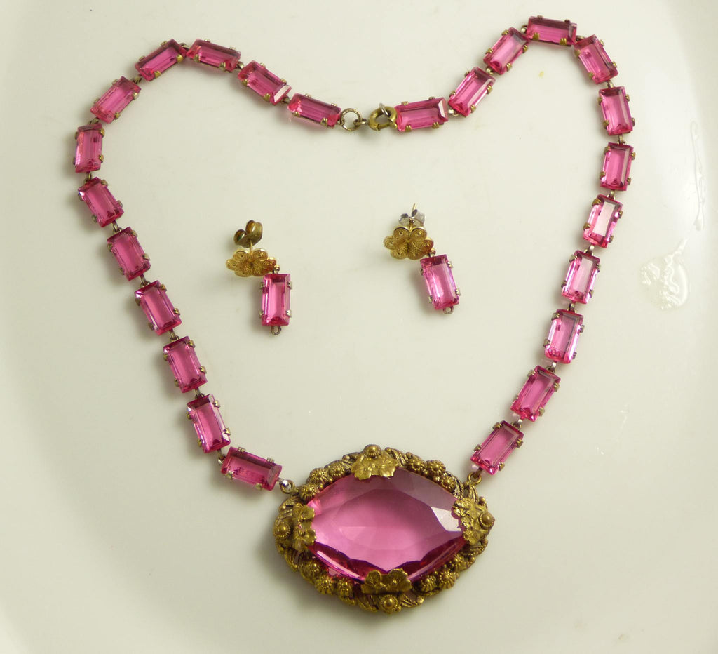 Art Deco Czech pink glass necklace and earring set, pierced earrings