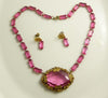 Art Deco Czech pink glass necklace and earring set, pierced earrings - Vintage Lane Jewelry