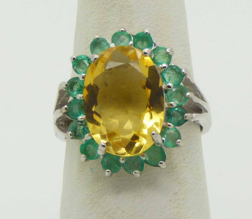 Rich Yellow Citrine and Natural Emerald Solitaire Ring, 14k white gold over sterling silver, Size 7. - Vintage Lane Jewelry