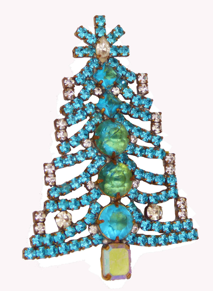 Czech Glass Aqua Blue Rhinestone Husar D. Signed Christmas Tree Pin, X-mas pin, Holiday Brooch