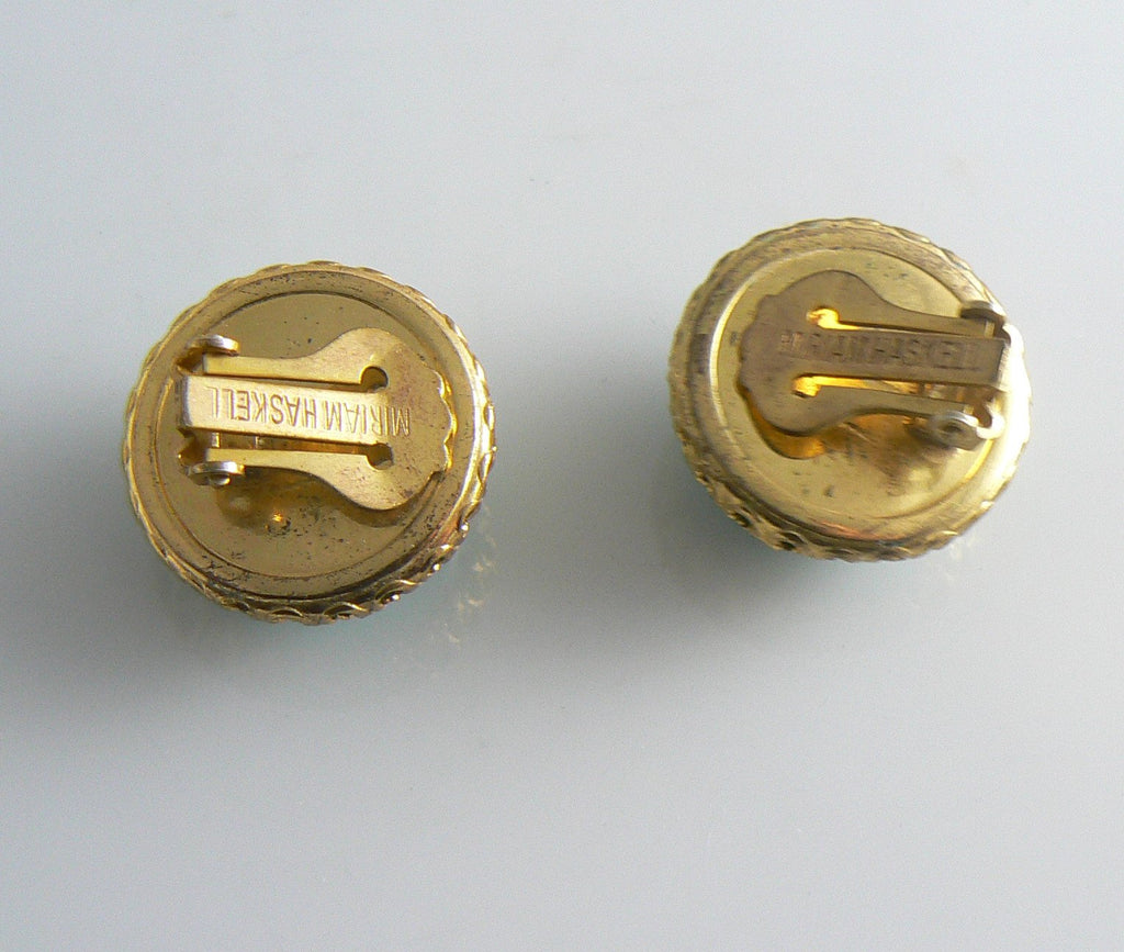 Miriam Haskell Aqua Blue Glass Cabochon Vintage Clip Earrings - Vintage Lane Jewelry