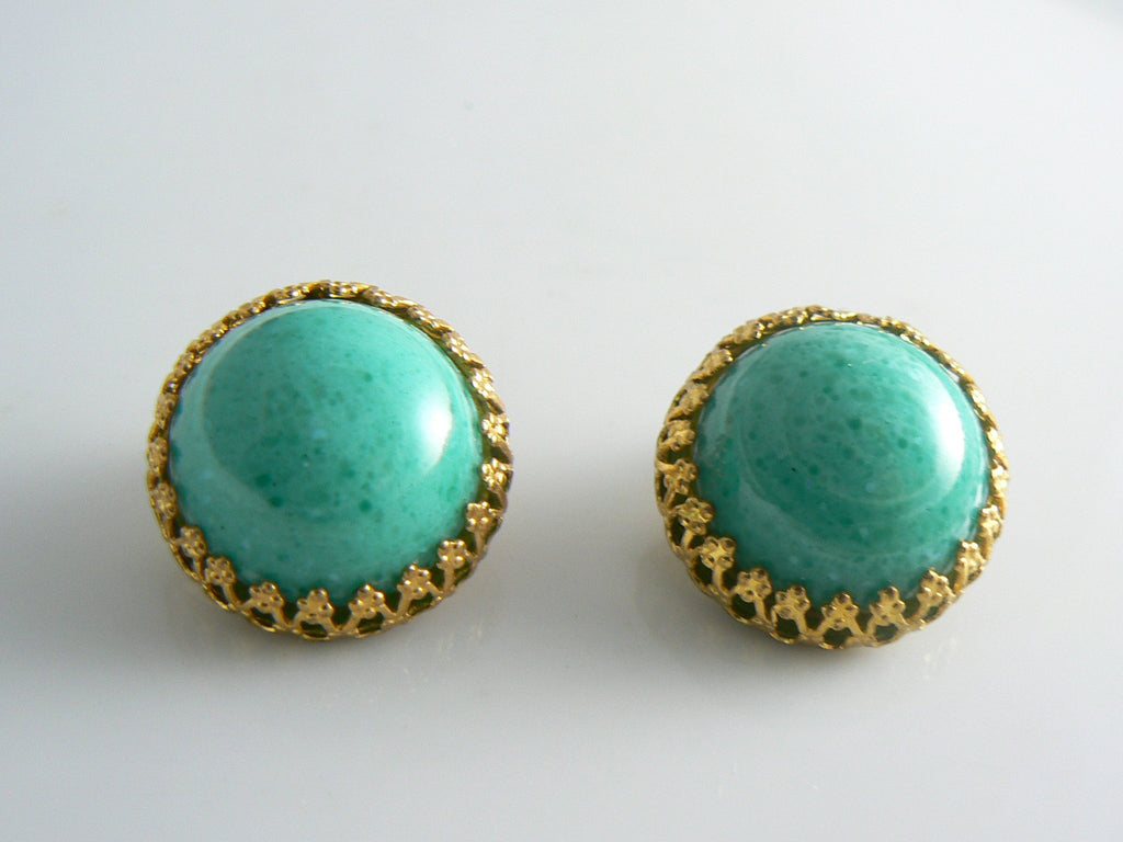 Miriam Haskell Aqua Blue Glass Cabochon Vintage Clip Earrings