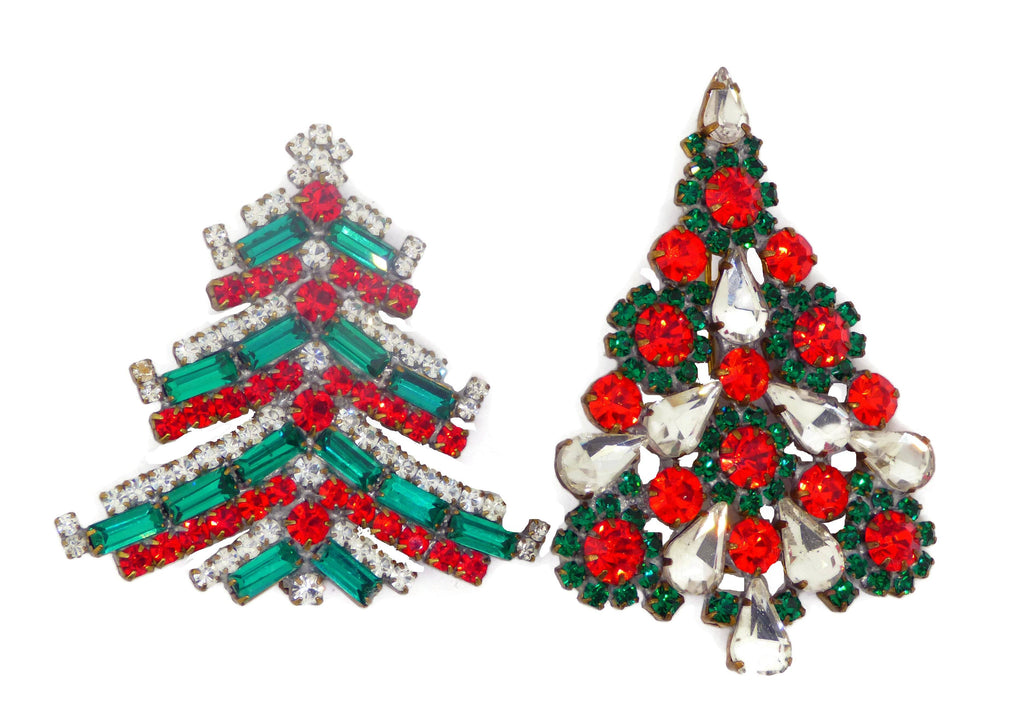 Czech Glass Green and Red Christmas Tree Brooches