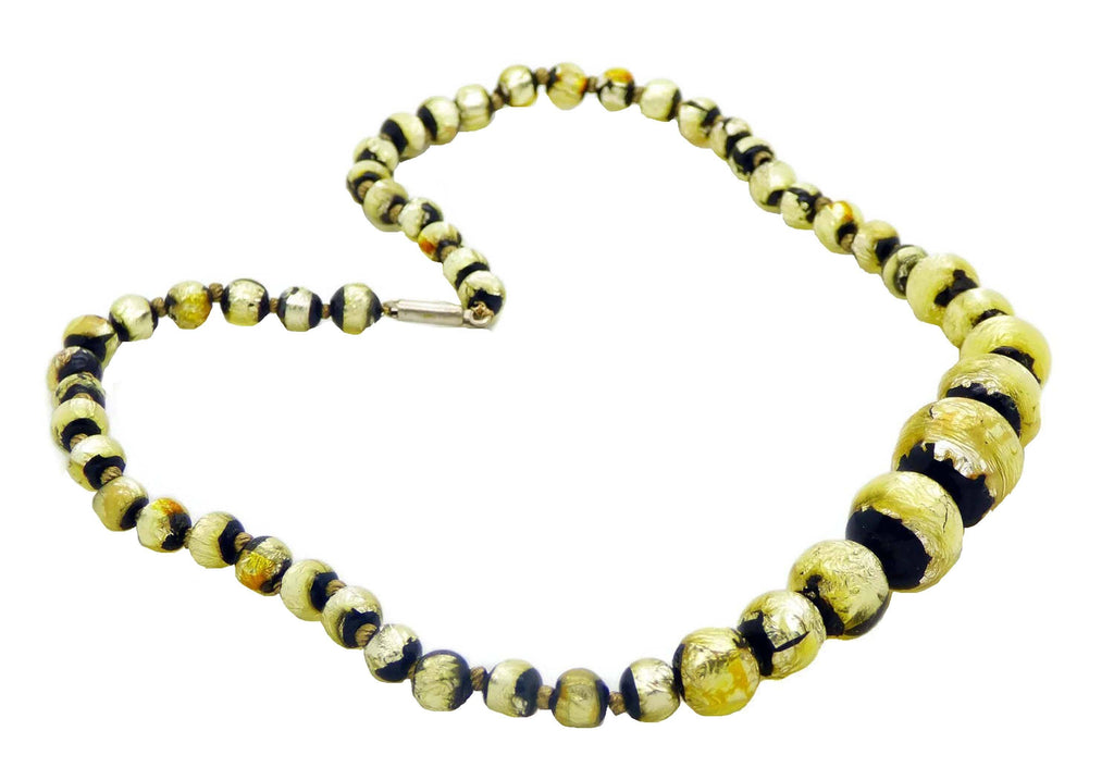 Vintage Venetian Art Deco Gold Foil and Black Glass Graduated Bead Necklace