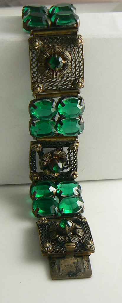 Art Deco Style Faceted Green Glass in Brass Filigree Linked Bracelet