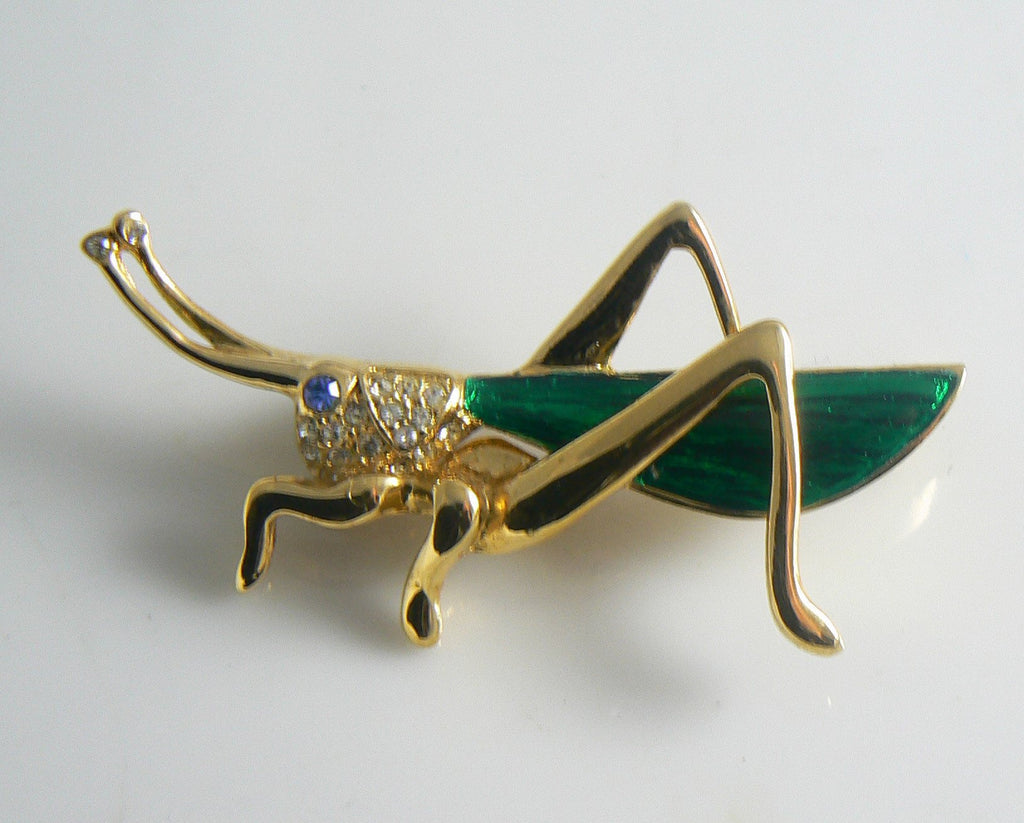 Rhinestone Enamel Green Grasshopper Figural Pin