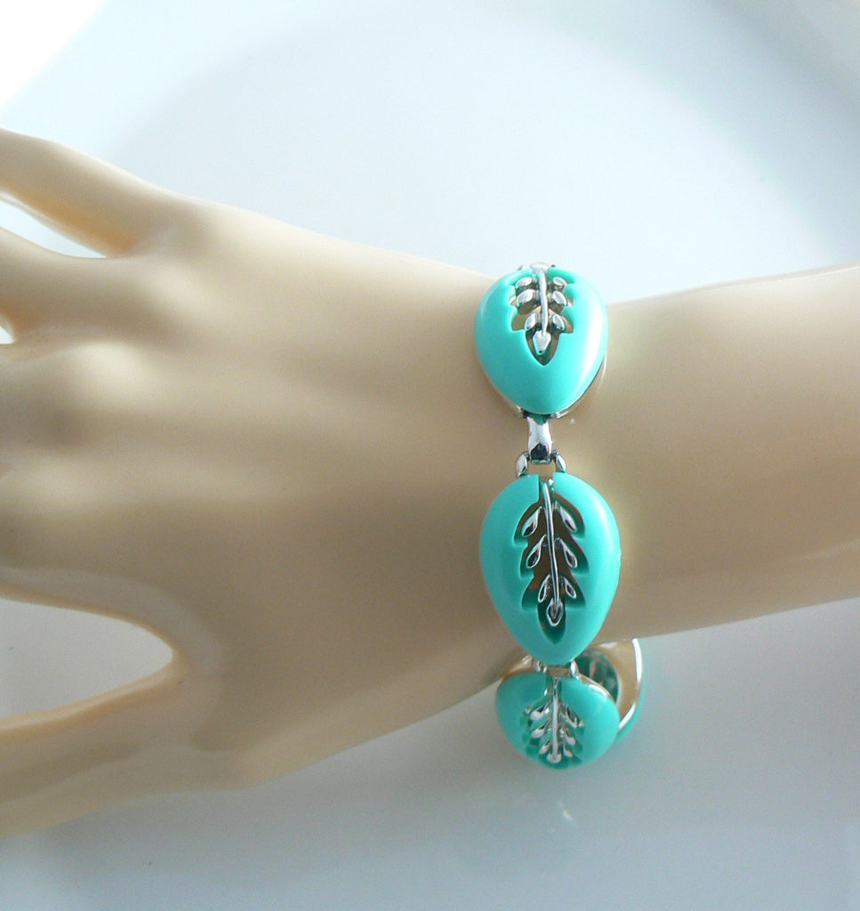 Beautiful Turquoise Blue Leaves Vintage Necklace Bracelet Earring Set - Vintage Lane Jewelry