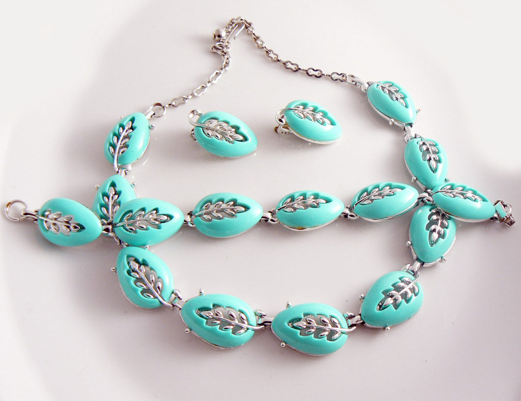 Beautiful Turquoise Blue Leaves Vintage Necklace Bracelet Earring Set