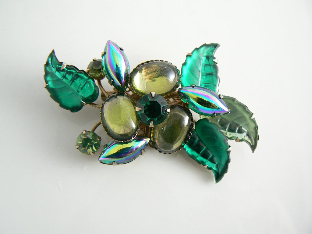 Vintage Green Molded Glass And Rhinestone Brooch