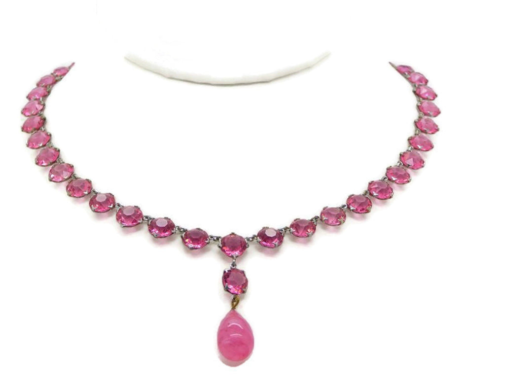 Vintage Art Deco Open Back Pink Crystal Dropper Choker Necklace