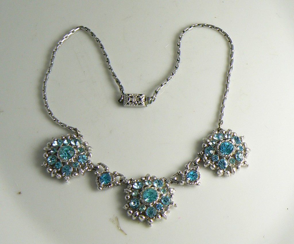Vintage Aqua Blue Rhinestone Choker Necklace